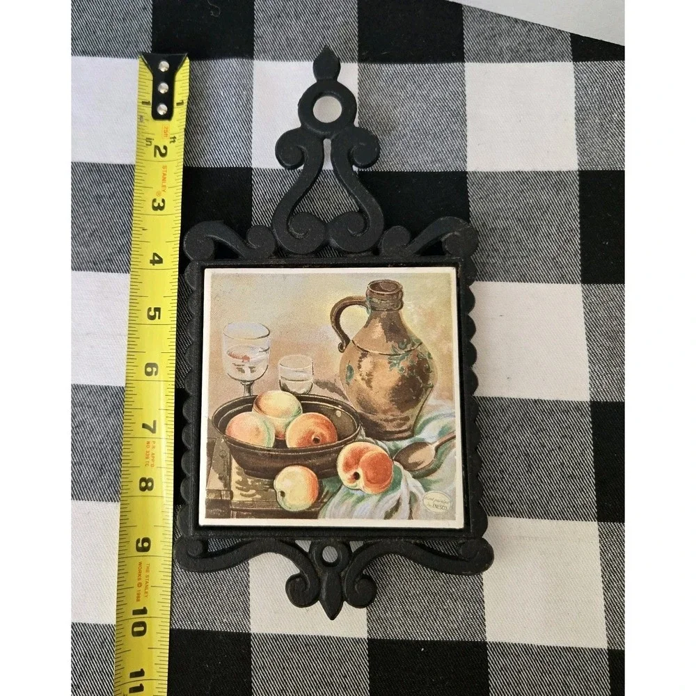 Enesco‎ Cast Iron & Tile Trivet Wall Hanging Bowl Peaches Jug Made In Japan